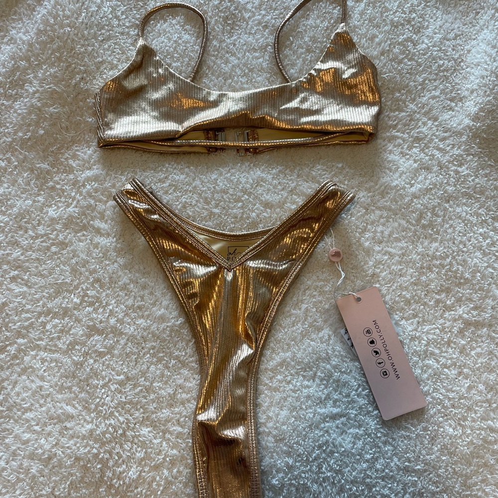 Oh Polly | High-Waisted Gold Thong Bikini